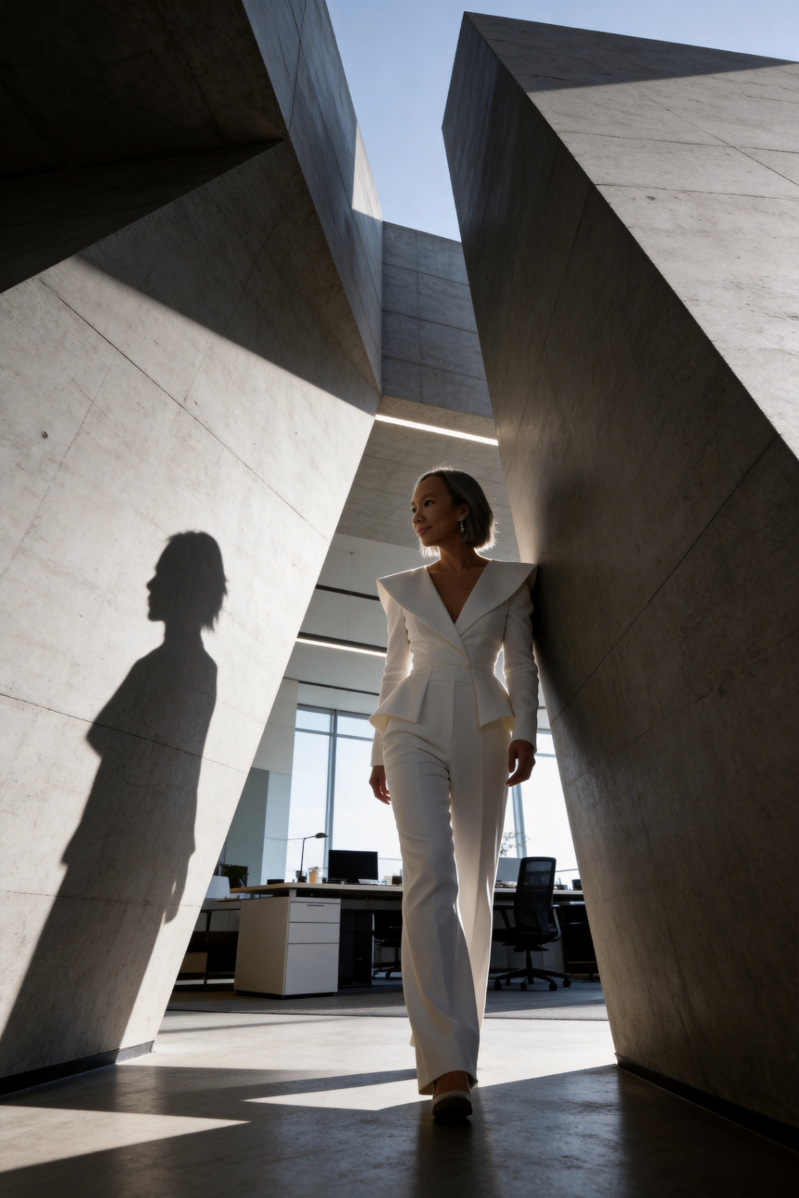 Sabrina 'Princessa' Wang in a white suit walking through a dramatic architectural interior