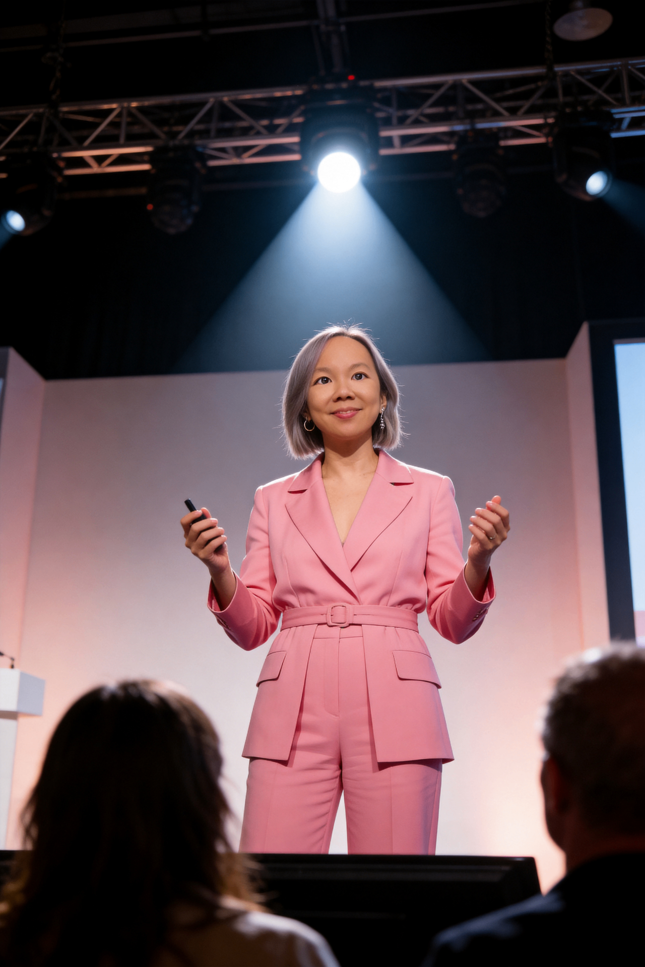 Sabrina 'Princessa' Wang speaking on stage in a pink suit